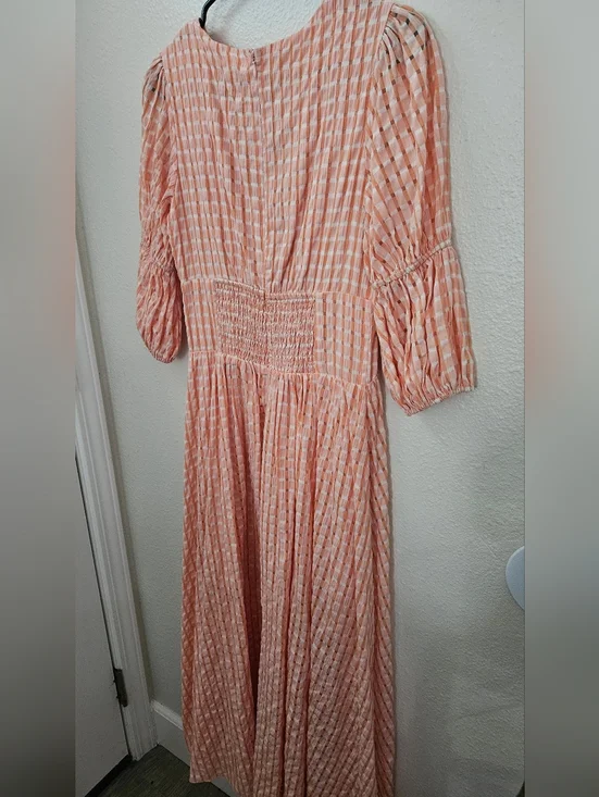 Pearl + Sea Orange Gingham Maxi Dress | Boho V-Neck Button Front Tiered Peach US - Picture 3 of 10
